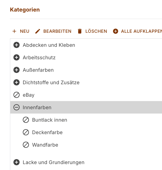 Kategoriebaum mit sieben Wurzeln und den aufgeklappten Unterkategorien von Innenfarben