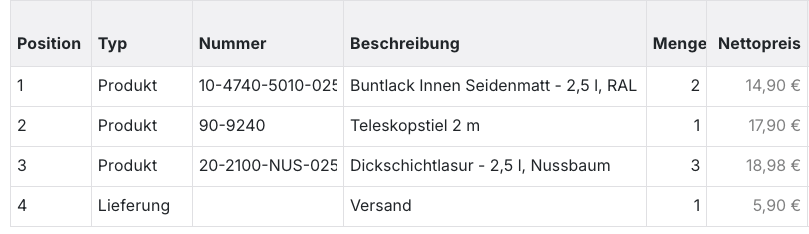 Positionen einer Bestellung mit drei Artikelzeilen und einer Zeile vom Typ Lieferung