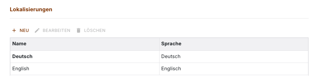 Lokalisierungen in den Einstellungen mit Name und zugehöriger Sprache