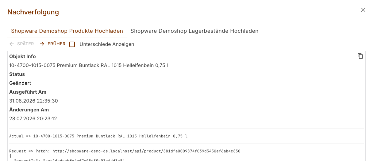 Dialog Nachverfolgung mit einem Register je Aufgabe, Objekt Info, Status und dem Beginn des übertragenen Inhalts