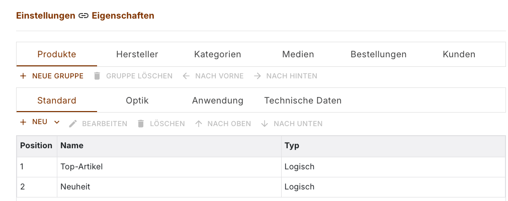 Eigenschaften-Einstellungen mit den Reitern der Objekttypen und der Gruppen