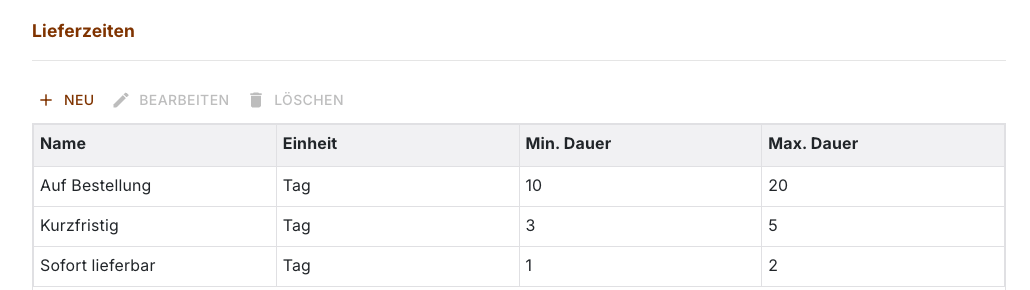 Lieferzeiten in den Einstellungen mit Name, Einheit und Spanne