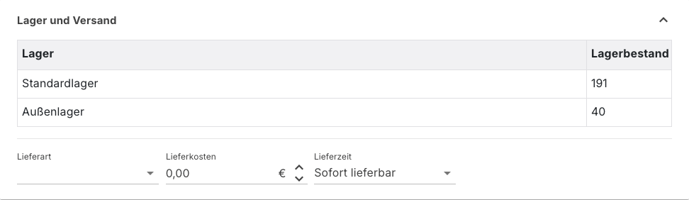 Bereich Lager und Versand mit zwei Lagern, Lieferkosten und Lieferzeit