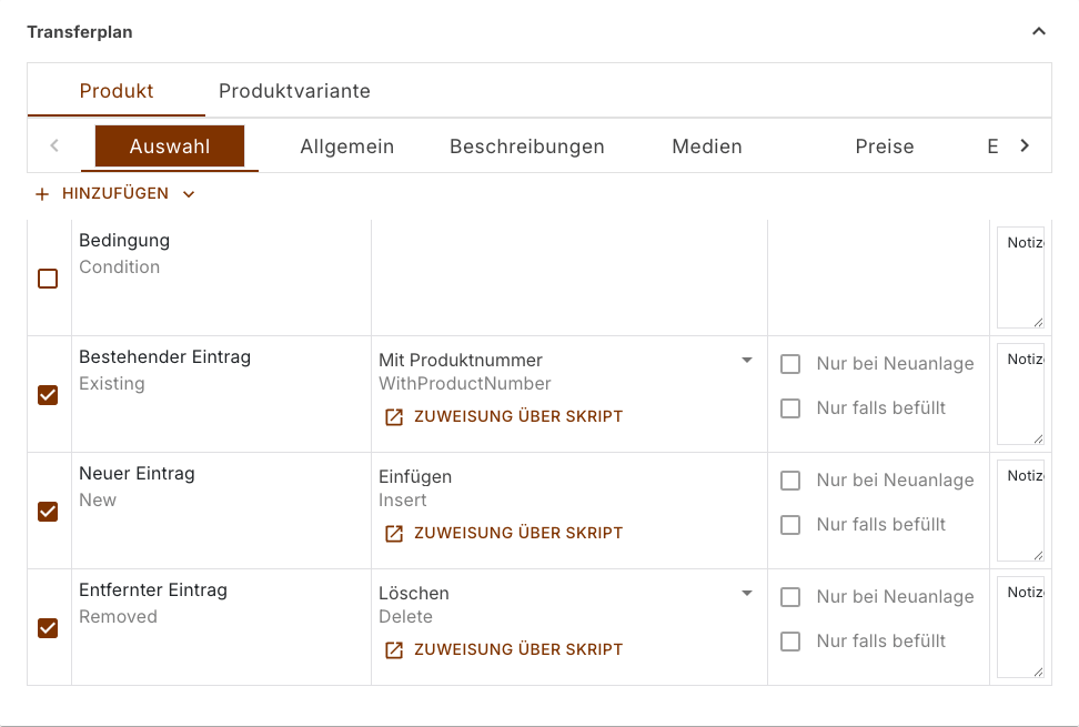 Abschnitt Auswahl einer Produktaufgabe mit den vier Zeilen Bedingung, Bestehender Eintrag, Neuer Eintrag und Entfernter Eintrag