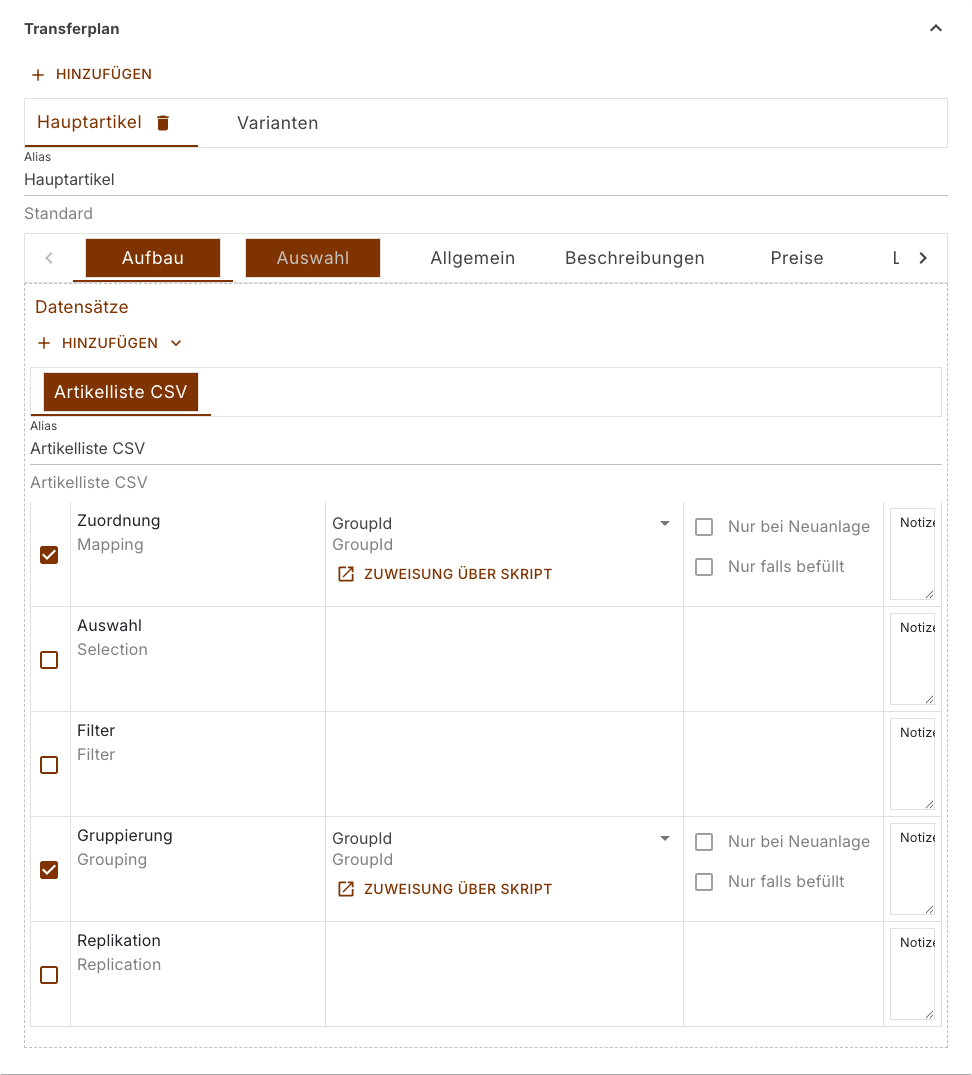 Transferplan mit den Reitern der Pläne, den Reitern der Abschnitte und dem Datensatz Artikelliste CSV