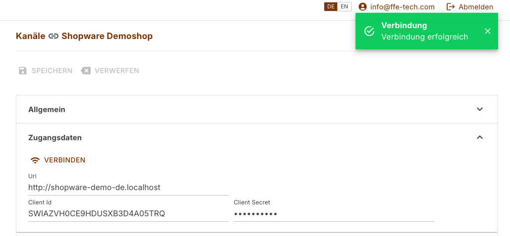 Zugangsdaten eines Shopware-Kanals mit der Meldung Verbindung erfolgreich