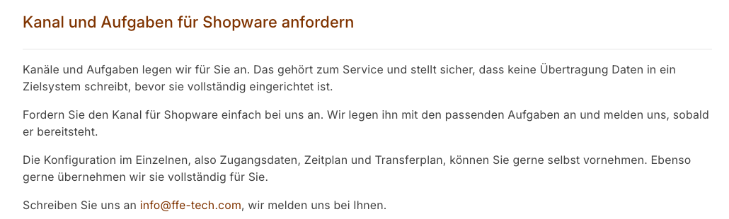 Anfrageseite für einen Shopware-Kanal mit Erläuterung und Kontaktadresse