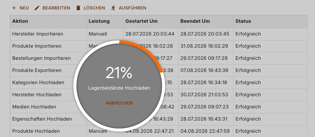 Aufgabenliste mit dem Fortschritt einer laufenden Ausführung und der Schaltfläche Abbrechen