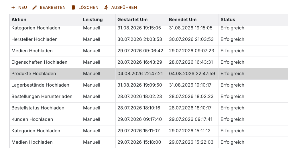 Aufgabenliste mit aktiver Schaltfläche Ausführen und den Spalten bis zum Status der letzten Ausführung