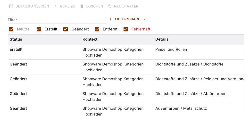 Nachverfolgung mit allen fünf angehakten Zuständen und je Datensatz einer Zeile