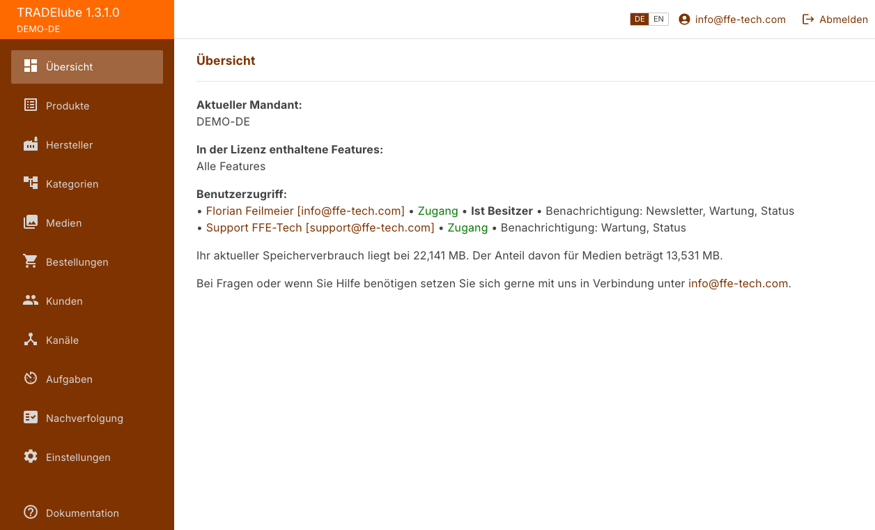 Die Anwendung nach der Anmeldung, links die Navigationsleiste, rechts die Übersicht