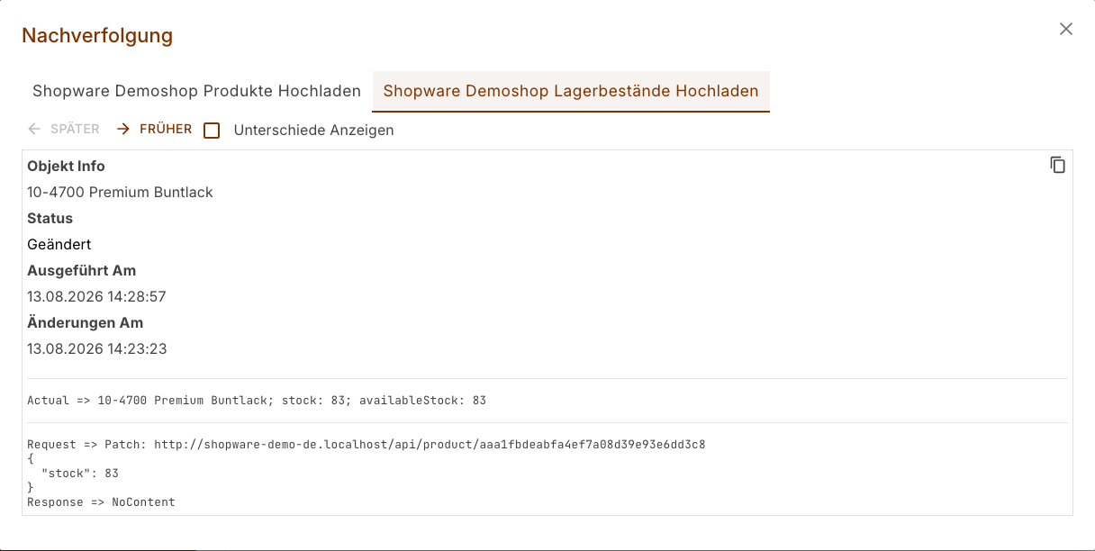 Nachverfolgung eines Lagerbestands: die an den Shop übergebene Bestandsänderung, mit Anfrage und Antwort der Schnittstelle