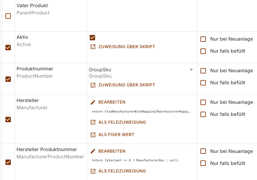 Zuweisungszeilen eines Transferplans aus einem Lieferanten-Import, je Zeile eine Feldzuweisung oder ein Skript