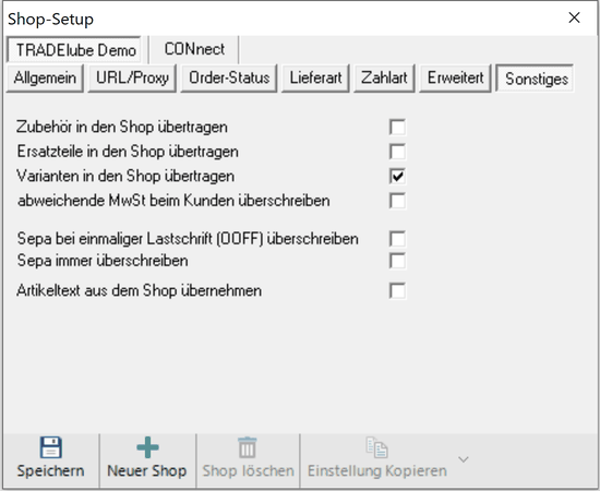 Registerblatt Sonstiges der Shop-Einstellungen mit dem gesetzten Haken Varianten in den Shop übertragen
