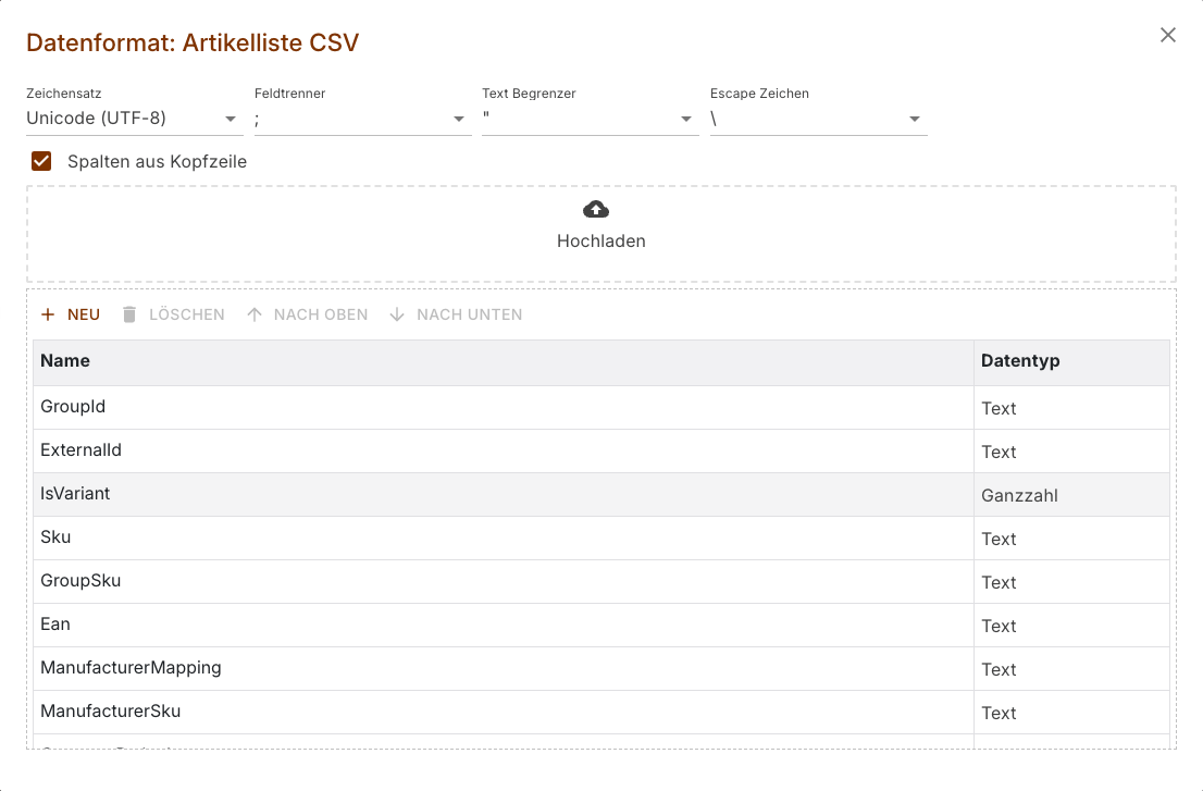 Dialog des Datenformats Artikelliste CSV mit dem Ablagebereich Hochladen und der abgeleiteten Feldliste samt Datentypen