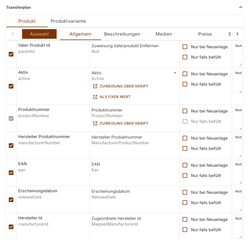 Zuweisungszeilen des Abschnitts Allgemein im Produktupload: Kontrollkästchen, Name, Wert mit Umschaltern und die beiden Bedingungskästchen je Zeile