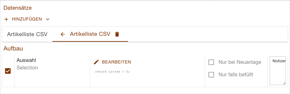Datensatzleiste eines Abschnitts mit zwei Datensätzen. Der zweite trägt eine eigene Auswahl mit Skript