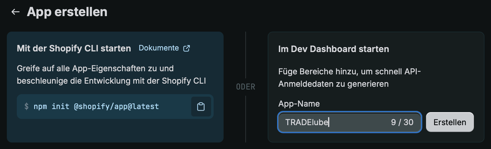 Formular App erstellen im Dev Dashboard mit eingetragenem App-Namen