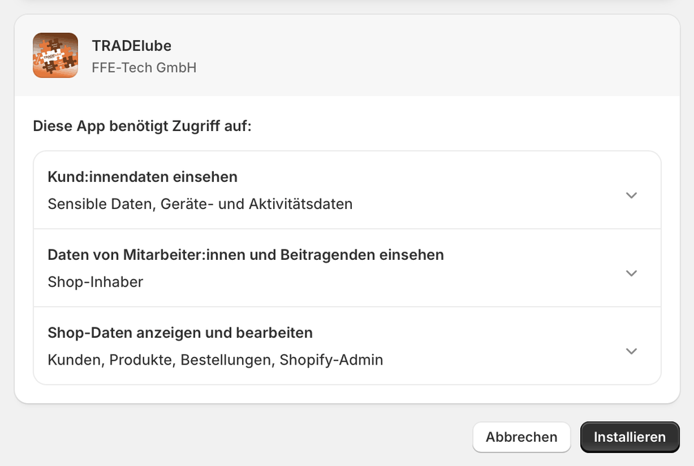 Zustimmungsseite von Shopify mit den angeforderten Zugriffen und der Schaltfläche Installieren