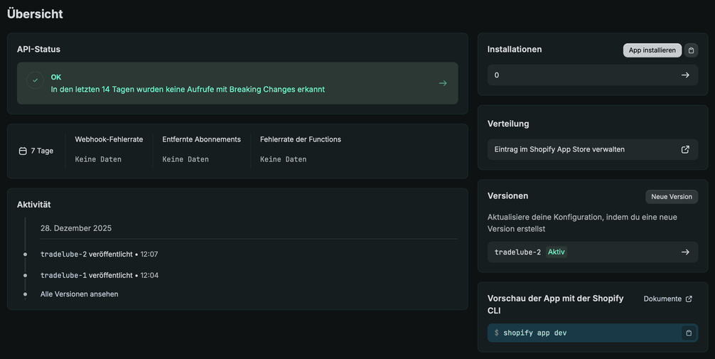 Übersicht der App im Dev Dashboard mit den Bereichen Installationen, Verteilung und Versionen