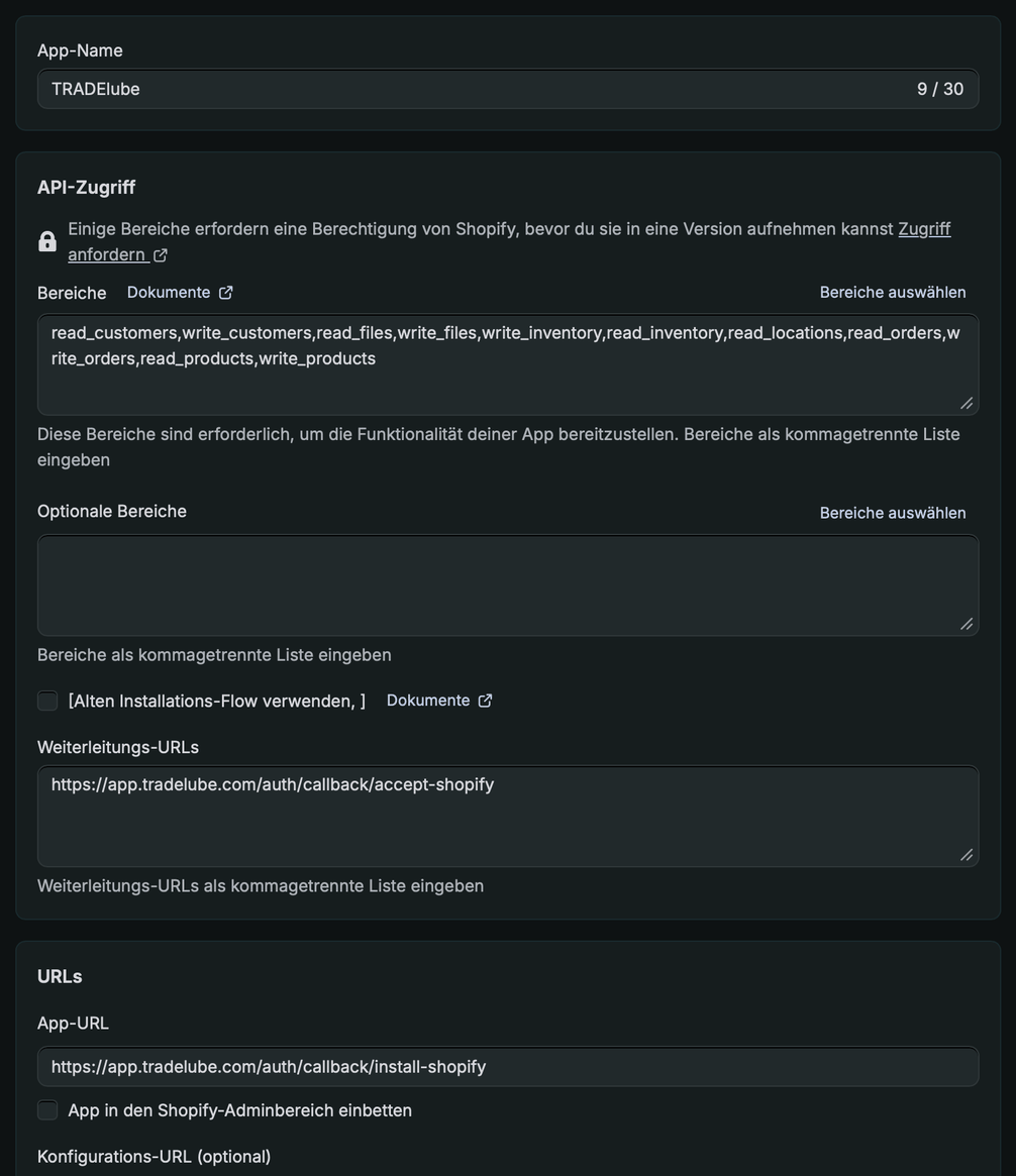 Formular Version erstellen mit den Feldern Bereiche, Weiterleitungs-URLs und App-URL