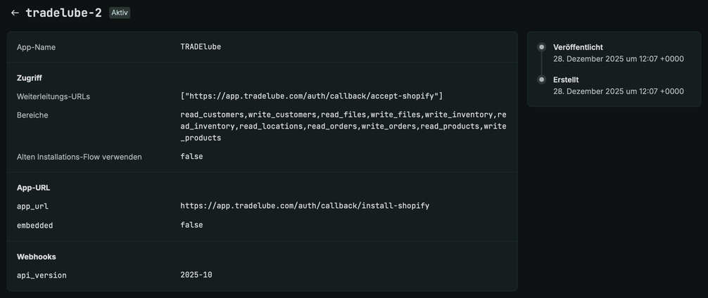 Aktive Version der App mit ihren Bereichen, Weiterleitungs-URLs und der App-URL