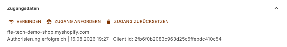 Bereich Zugangsdaten nach erteilter Erlaubnis mit dem Hinweis Authorisierung erfolgreich