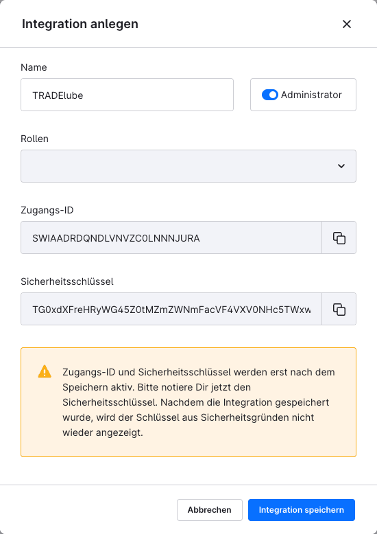 Dialog zum Anlegen einer Integration mit dem Namen TRADElube, eingeschaltetem Administrator-Schalter und dem Schlüsselpaar