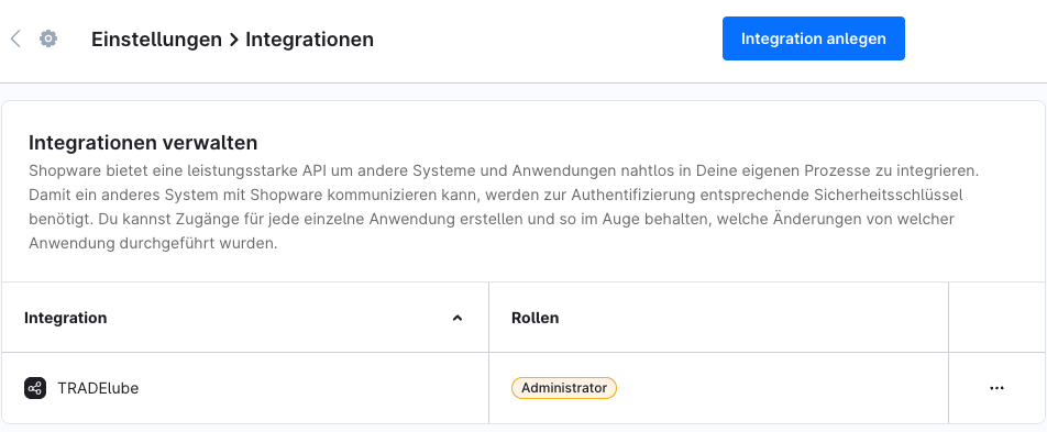 Integrationsliste in der Shopware-Administration mit der Schaltfläche zum Anlegen einer Integration
