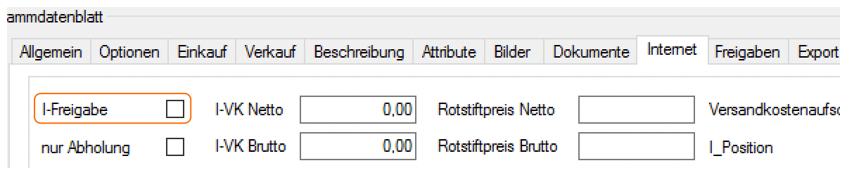 Stammdatenblatt eines Artikels in TriData mit dem Reiter Internet, das Häkchen I-Freigabe ist hervorgehoben