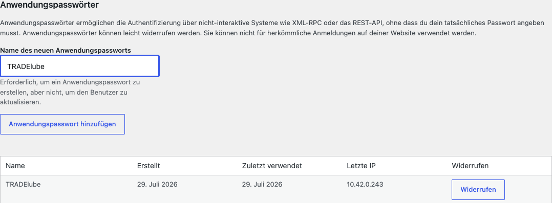 Abschnitt Anwendungspasswörter im WordPress-Profil mit dem Namensfeld