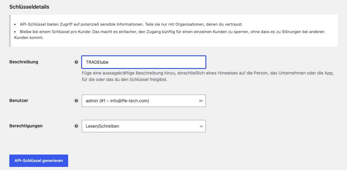 Formular für einen neuen REST-API-Schlüssel mit Beschreibung TRADElube und der Berechtigung Lesen/Schreiben