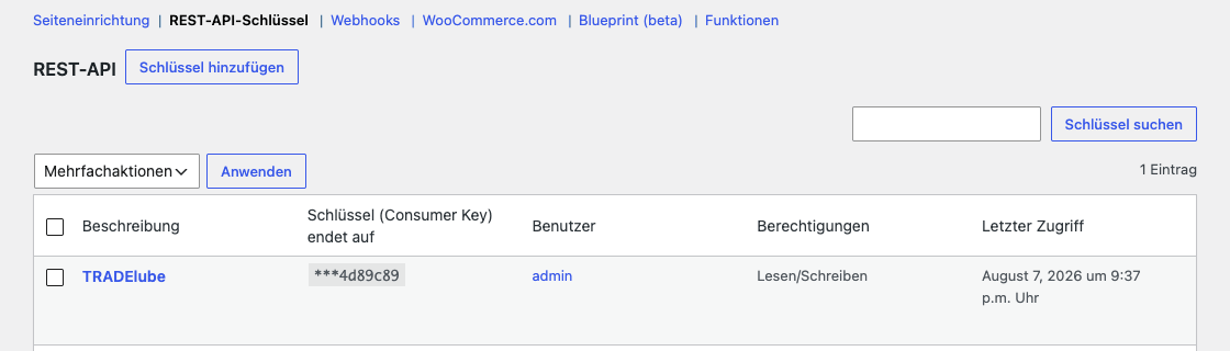 Liste der REST-API-Schlüssel in den erweiterten WooCommerce-Einstellungen