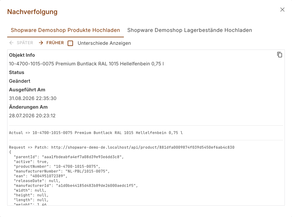 Dialog Nachverfolgung mit einem Register je Aufgabe und den an den Shop übergebenen Daten des Artikels