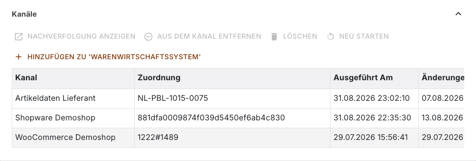 Bereich Kanäle eines Produkts mit drei Kanälen, ihrer Zuordnung und dem Zeitpunkt der letzten Ausführung