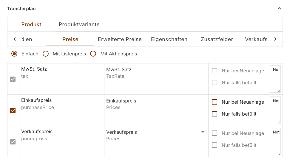 Abschnitt Preise eines Transferplans mit den Zuweisungen für Steuersatz, Einkaufspreis und Verkaufspreis