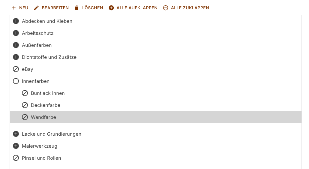Kategoriebaum mit der aufgeklappten Kategorie Innenfarben, der ausgewählten Unterkategorie Wandfarbe und der Werkzeugleiste darüber