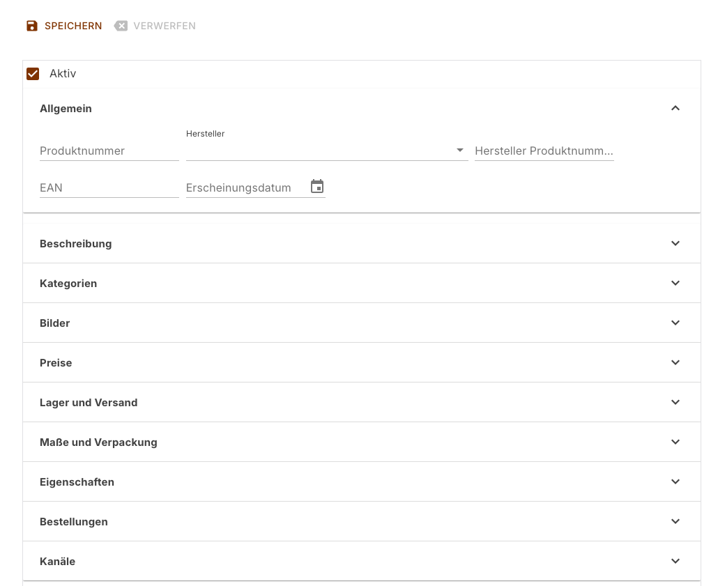 Detailansicht eines frisch angelegten Produkts mit der Speicherleiste, dem Kontrollkästchen Aktiv und dem geöffneten Bereich Allgemein über den zugeklappten übrigen Bereichen