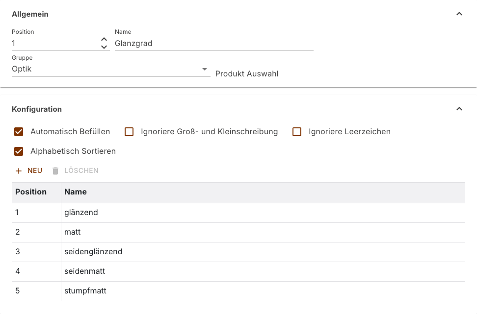 Eine geöffnete Auswahl-Eigenschaft in den Einstellungen, oben Name und Gruppe, darunter die Kontrollkästchen und die Optionsliste mit fünf Glanzgraden