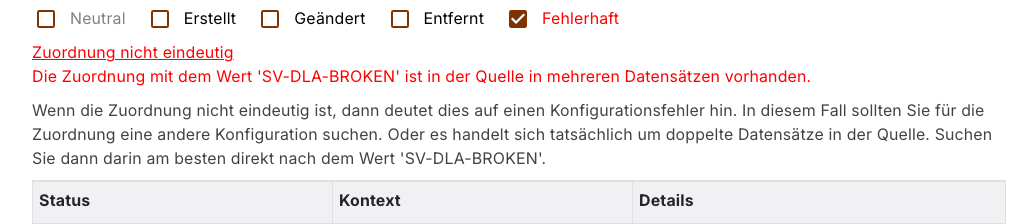 Die Meldung einer fehlerhaften Übertragung mit Kurzmeldung, Klartext und Hinweis, darunter der Tabellenkopf der Liste