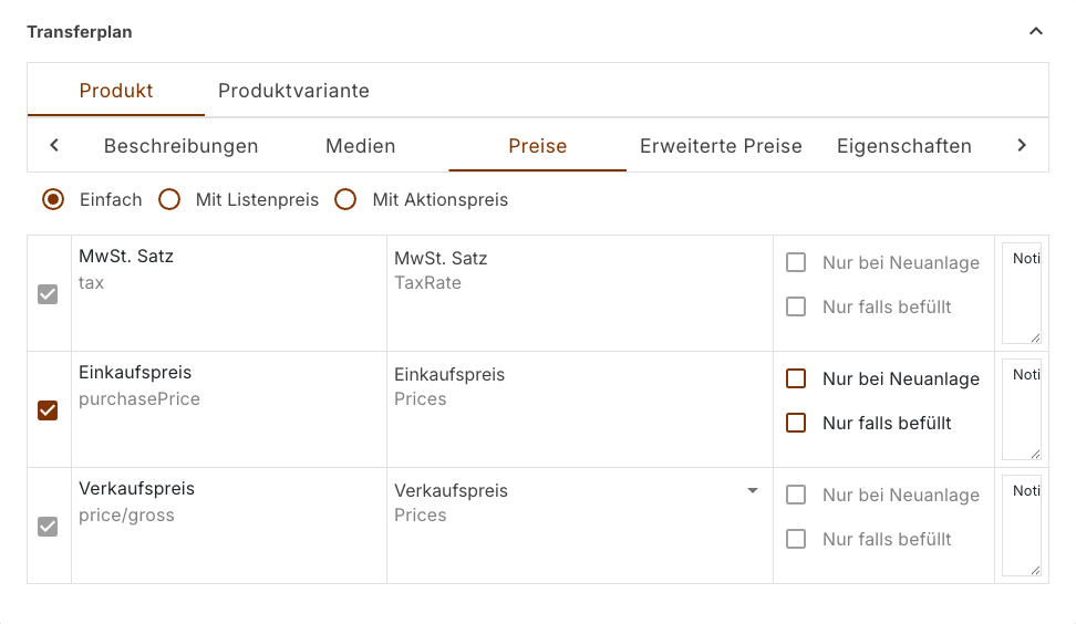 Abschnitt Preise im Transferplan des Produktuploads, mit der Preisgruppe Verkaufspreis als Quelle des Zielfelds price/gross