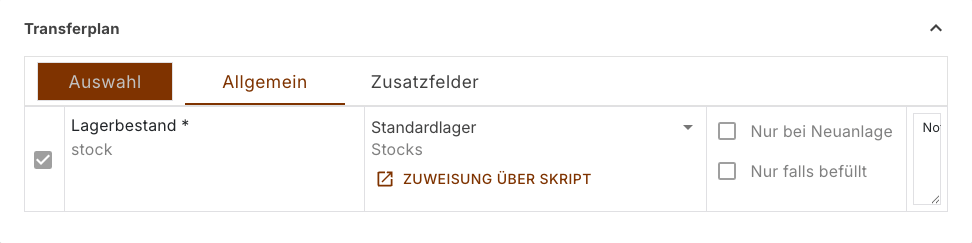 Transferplan der Bestandsaufgabe mit der Lagerzuweisung auf das Standardlager