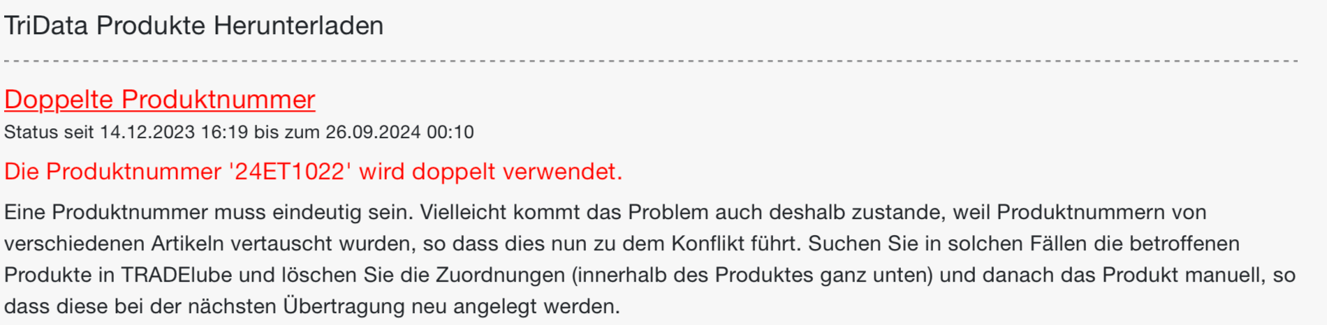 Meldung Doppelte Produktnummer an der Aufgabe, mit der doppelt verwendeten Nummer und dem Lösungsweg