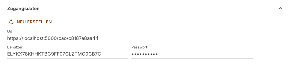 Zugangsdaten des Connectors mit Url, Benutzer, verdecktem Passwort und der Schaltfläche Neu Erstellen