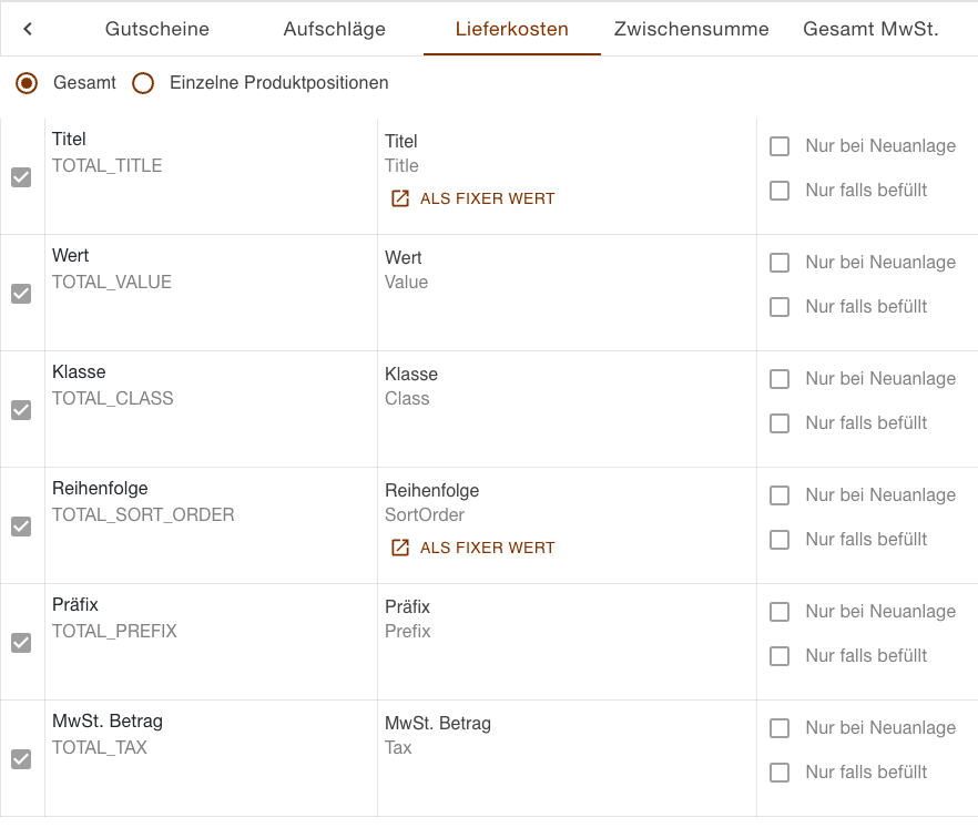 Gescrollte Abschnittsleiste des Bestellexports mit dem gewählten Abschnitt Lieferkosten, darunter die Wahl zwischen Gesamt und Einzelne Produktpositionen und die sechs Zuweisungen einer Summenzeile