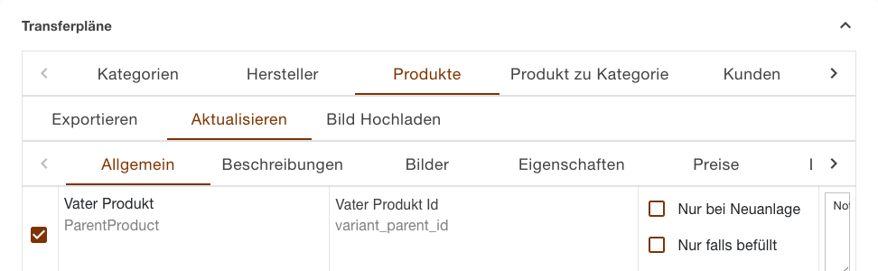 Bereich Transferpläne mit den drei Registerebenen Objekt, Aktion und Abschnitt und der ersten Zuweisungszeile