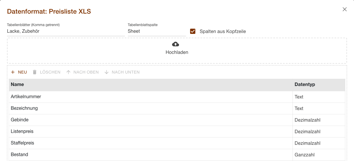 Dialog eines XLS-Datenformats mit Tabellenblättern, Tabellenblattspalte und den Feldern der Arbeitsmappe