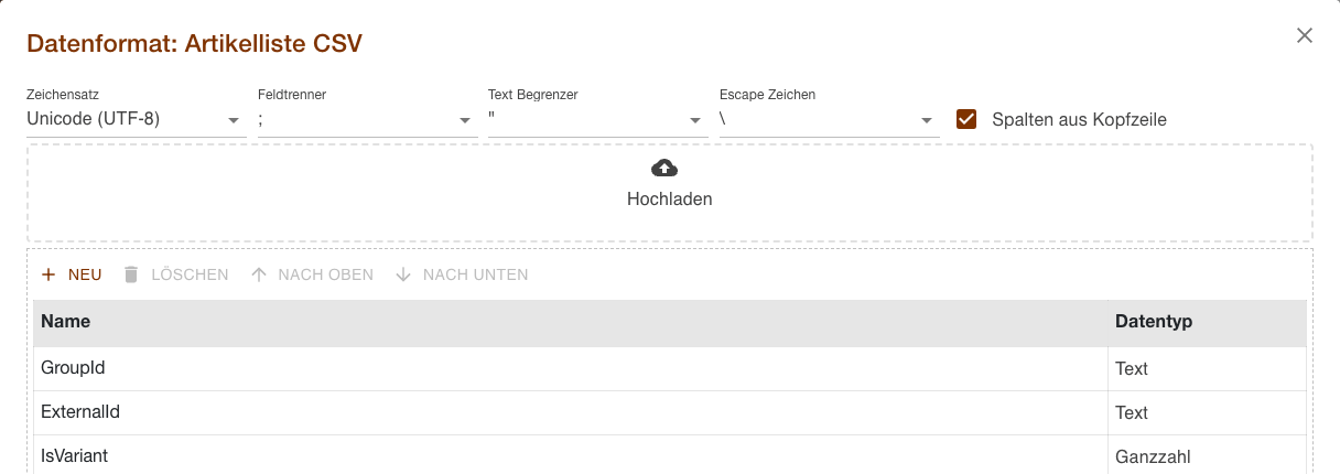 Dialog eines Datenformats mit Zeichensatz, Feldtrenner, der Schaltfläche Hochladen und den ersten Feldern der Datei