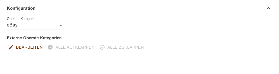 Bereich Konfiguration des eBay-Kanals mit der gewählten obersten Kategorie und darunter dem Baum der externen obersten Kategorien
