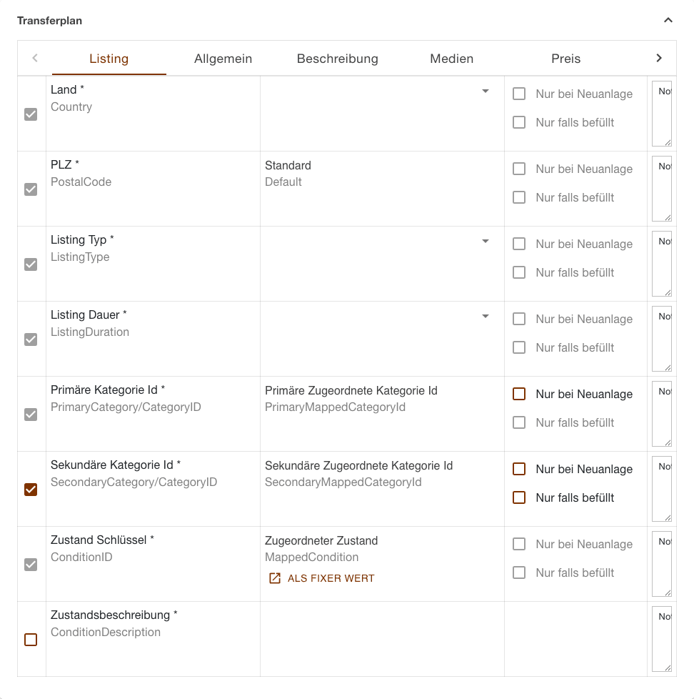 Transferplan der Aufgabe Produkte Hochladen mit der blätternden Abschnittsleiste und den Zeilen des Abschnitts Listing